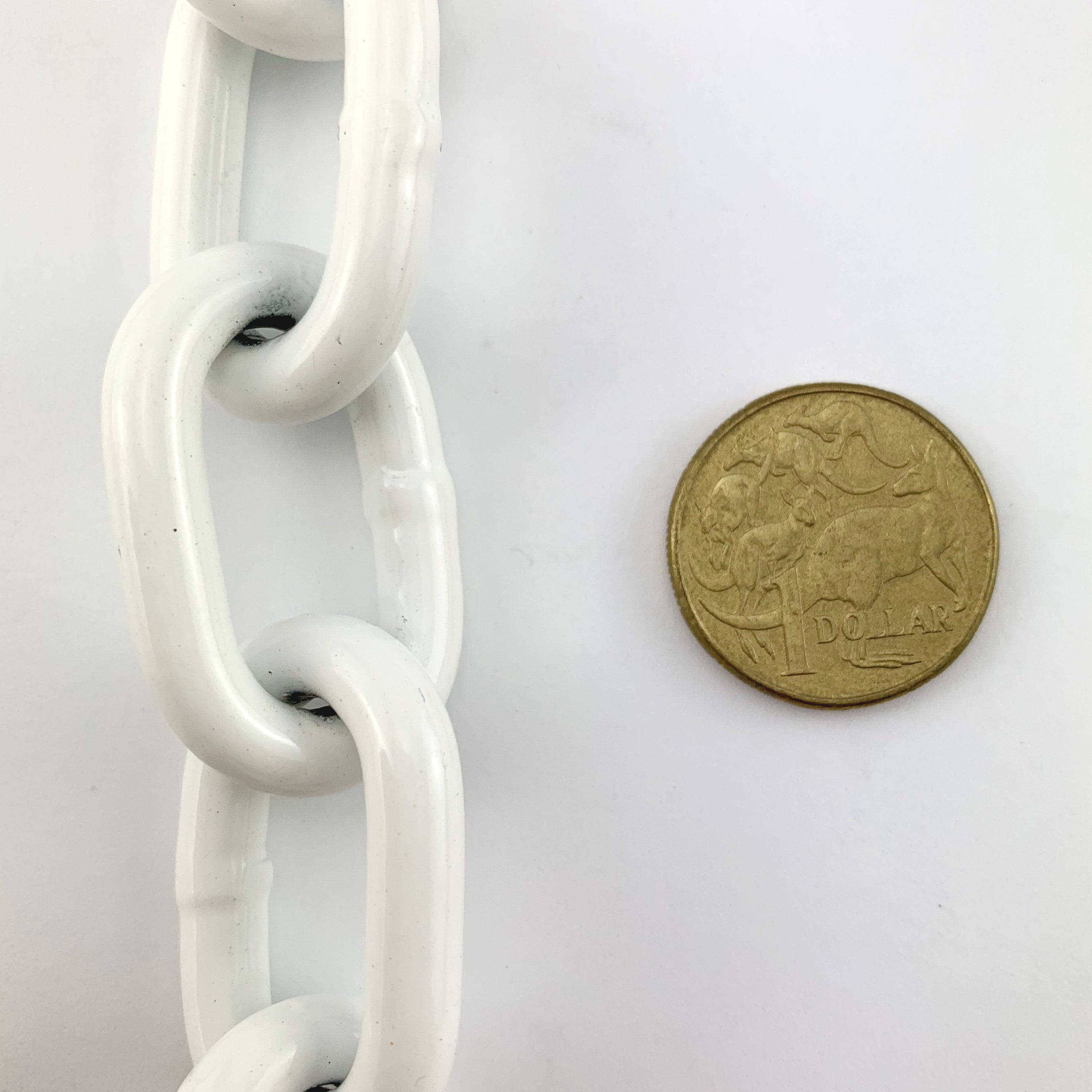 White powder coated welded steel chain, size 6mm. Chain by the metre. Australia wide delivery..