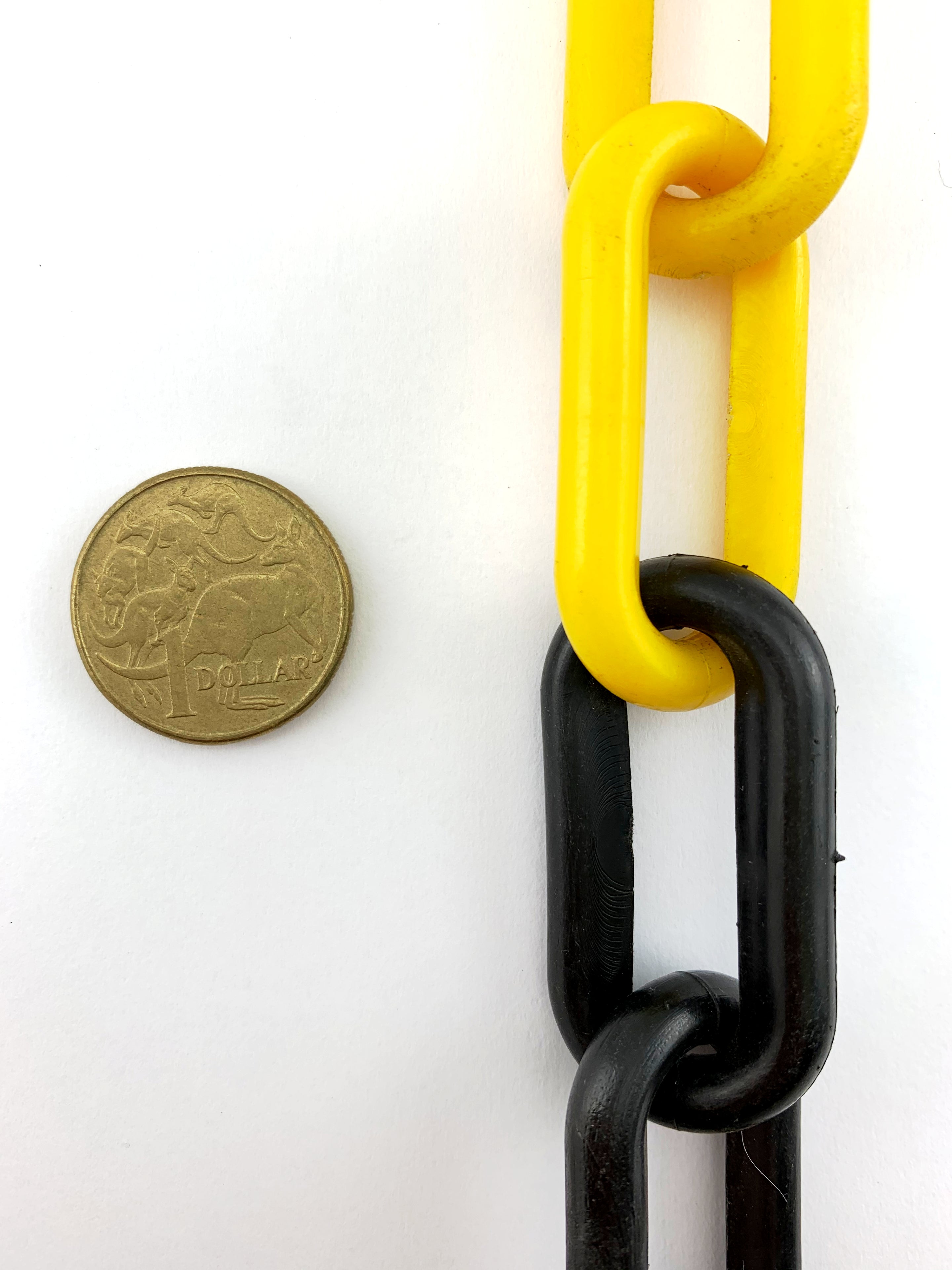 Plastic Chain - Yellow and Black Intermittent, size 8mm. Chain by the metre. Melbourne Australia