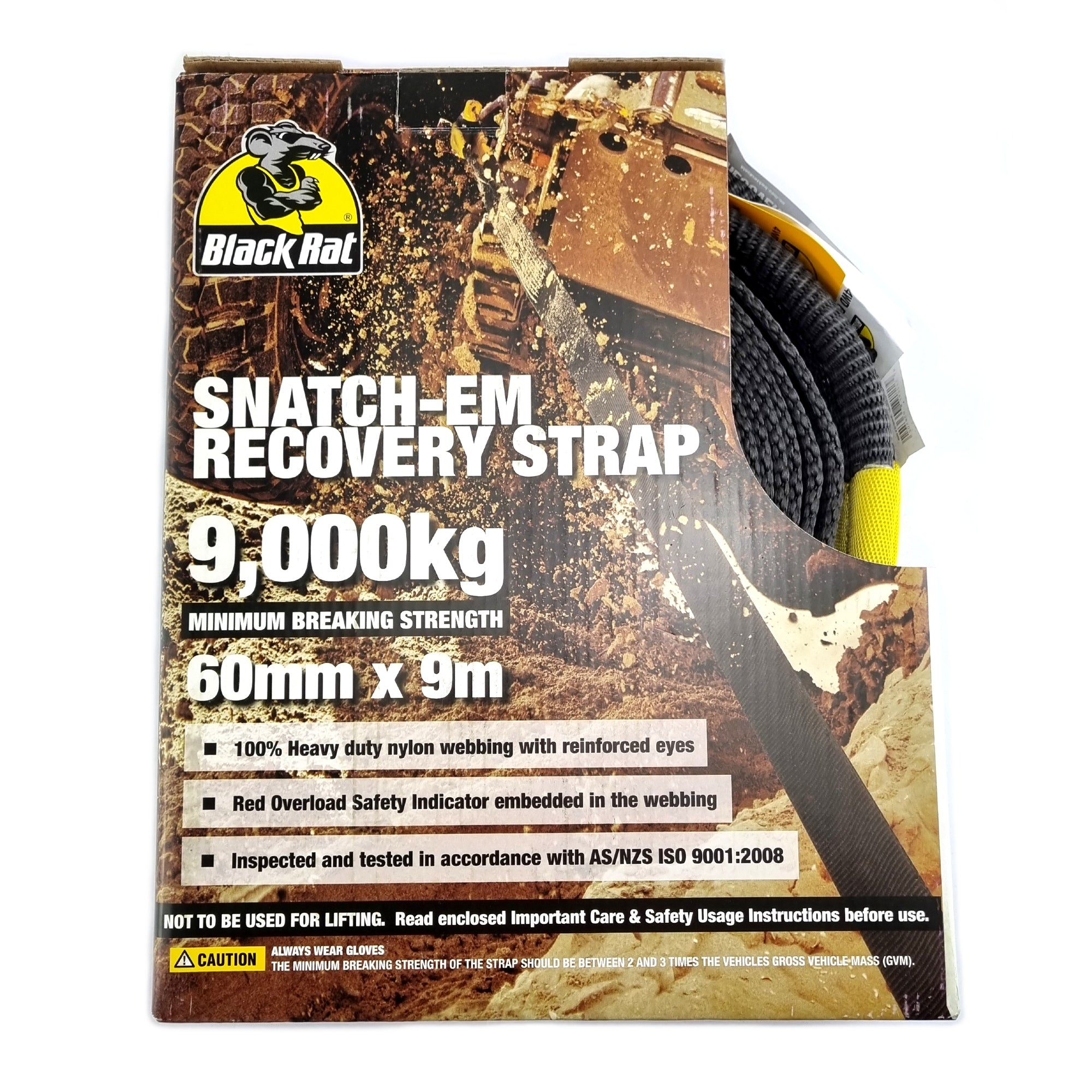 Snatch-em recovery strap with a minimum breaking strength of 9,000kg. This recovery strap (or snatch strap) is 9 metres long and made of 100% heavy-duty nylon webbing with reinforced eyes. Red Overload Safety Indicator embedded in the webbing. Test certificate provided. Shop 4WD Accessories online chain.com.au