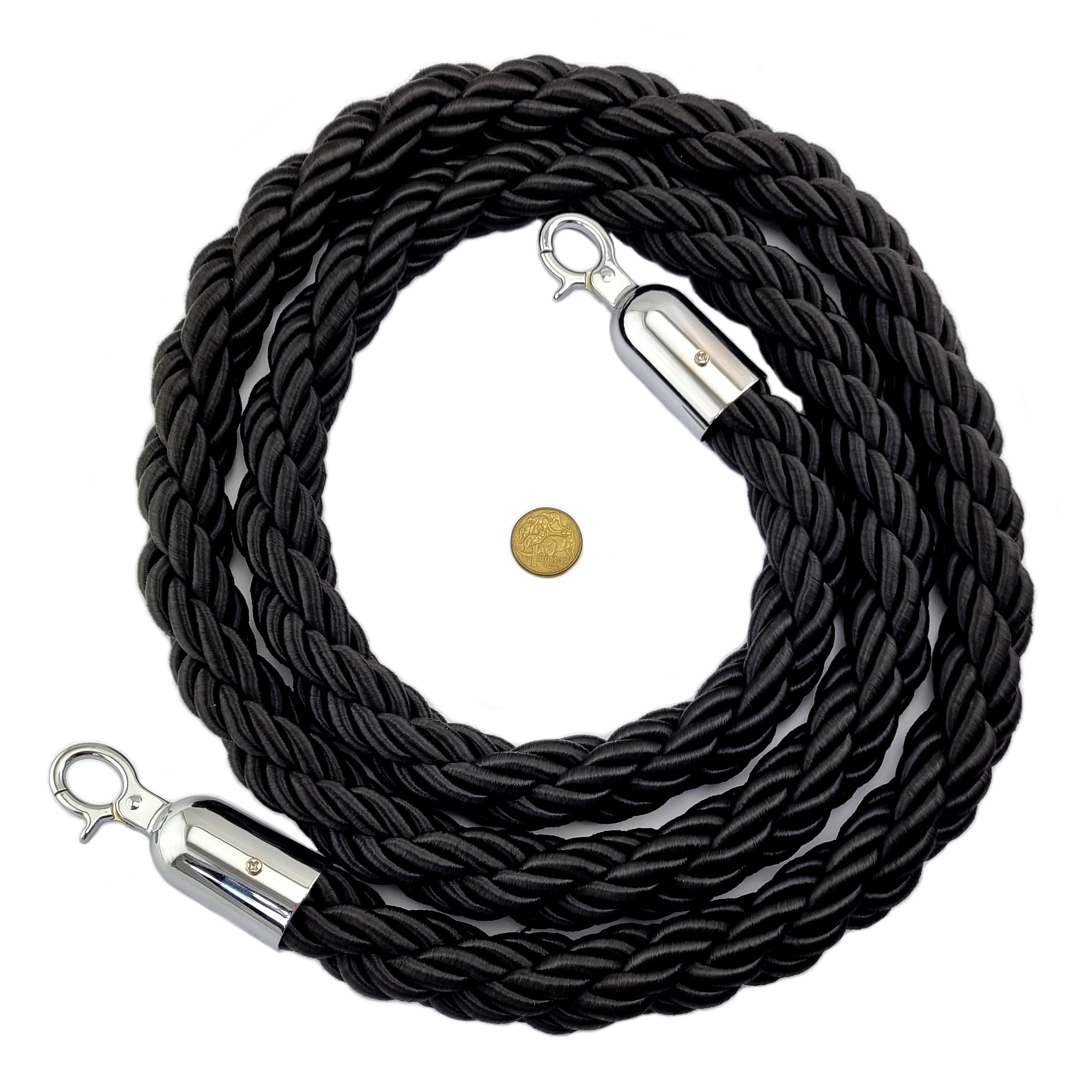 Black Rope with chrome ends for use with Traditional Bollards. 2 Metres. Shop hardware online chain.com.au