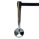 Modern bollard in a chrome finish, 920mm high, with an in-built 2-metre black belt. Australia