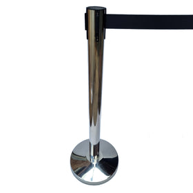 Modern bollard in a chrome finish, 920mm high, with an in-built 2-metre black belt. Australia