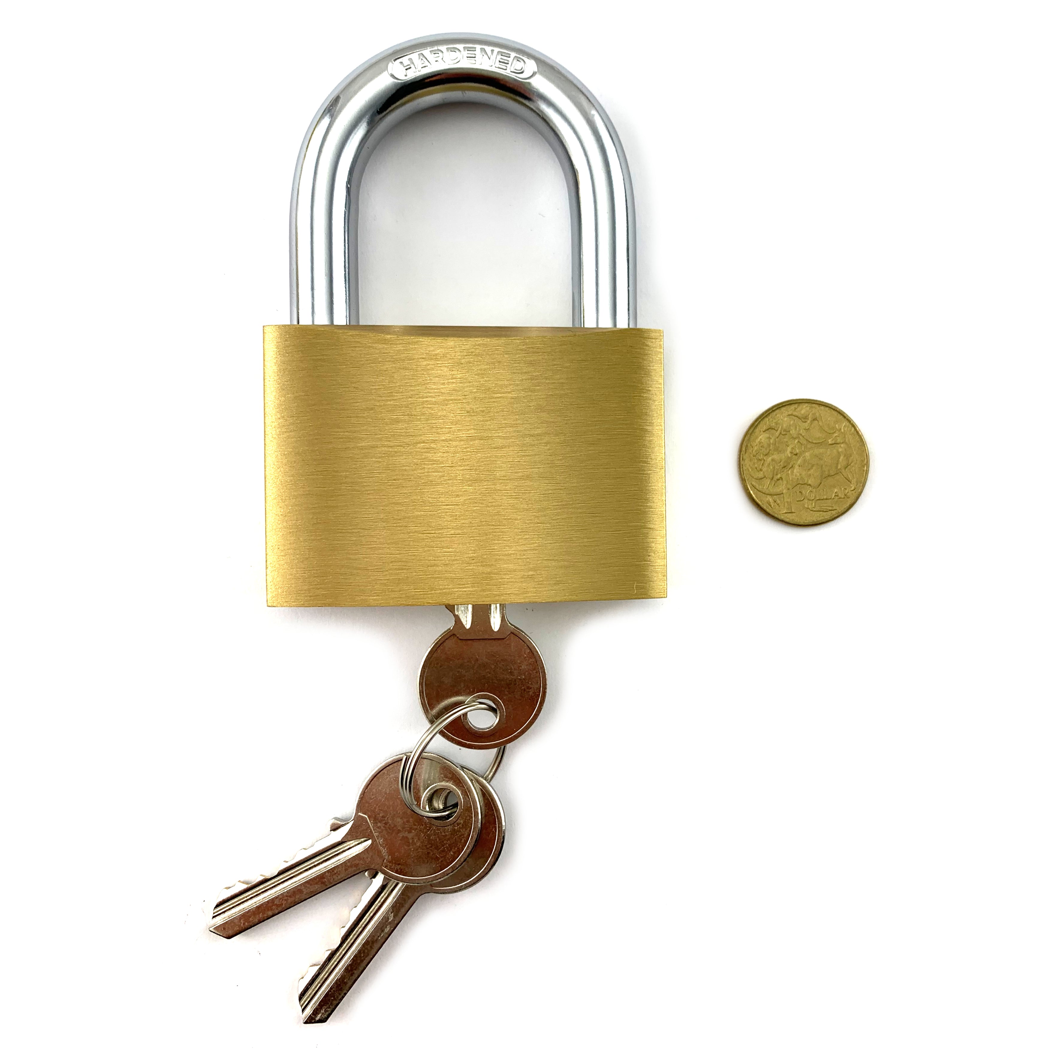 Extra-large hardened steel and brass padlock. Shackle size: 12mm. Australia wide delivery.