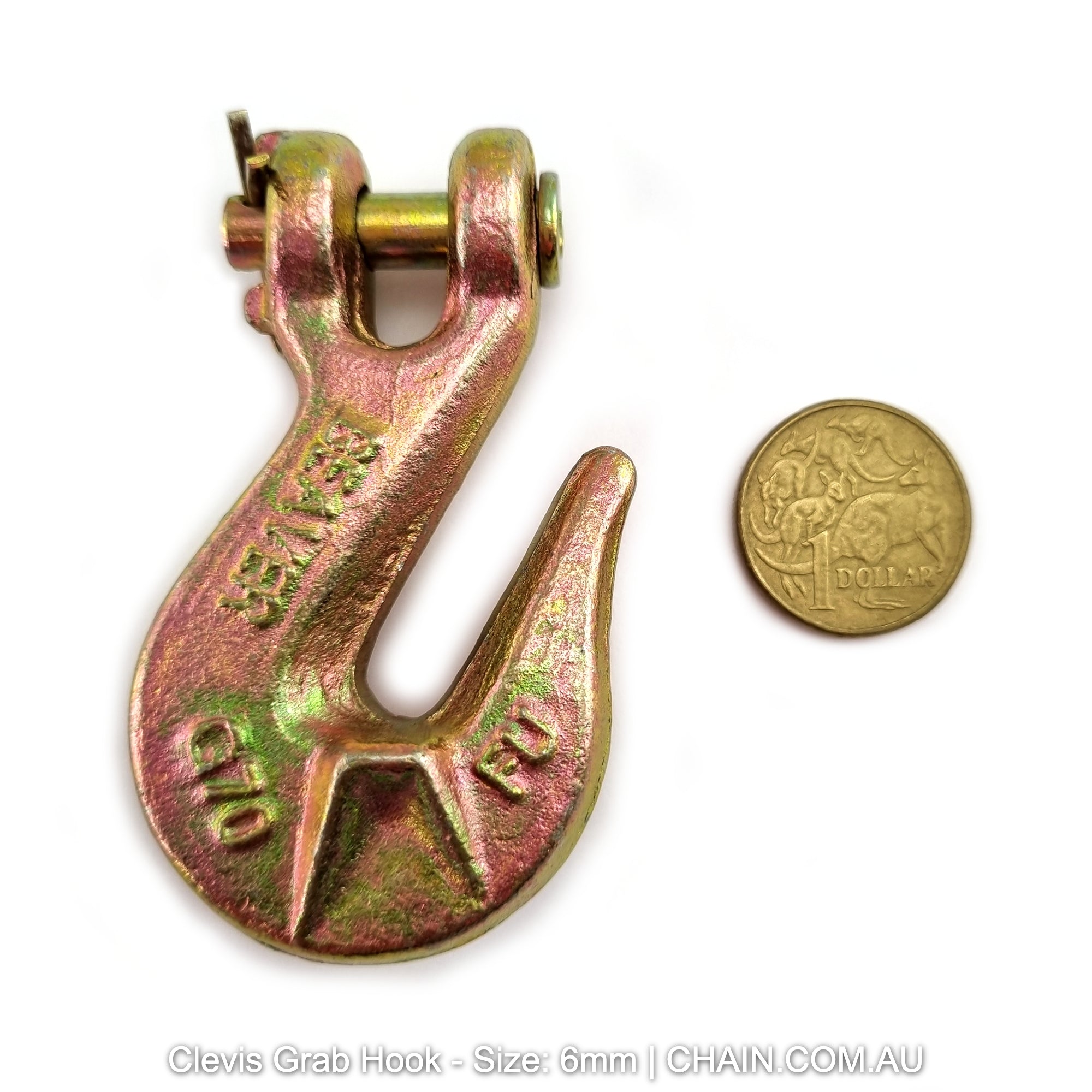 Clevis Grab Hook forged steel with a zinc passivated finish. Size: 6mm. Australia shipping. Shop lifting, rigging and load restraint products online at chain.com.au