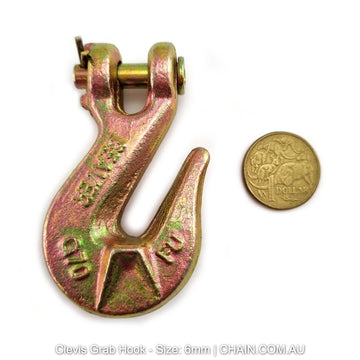 Clevis Grab Hook forged steel with a zinc passivated finish. Size: 6mm. Australia shipping. Shop lifting, rigging and load restraint products online at chain.com.au
