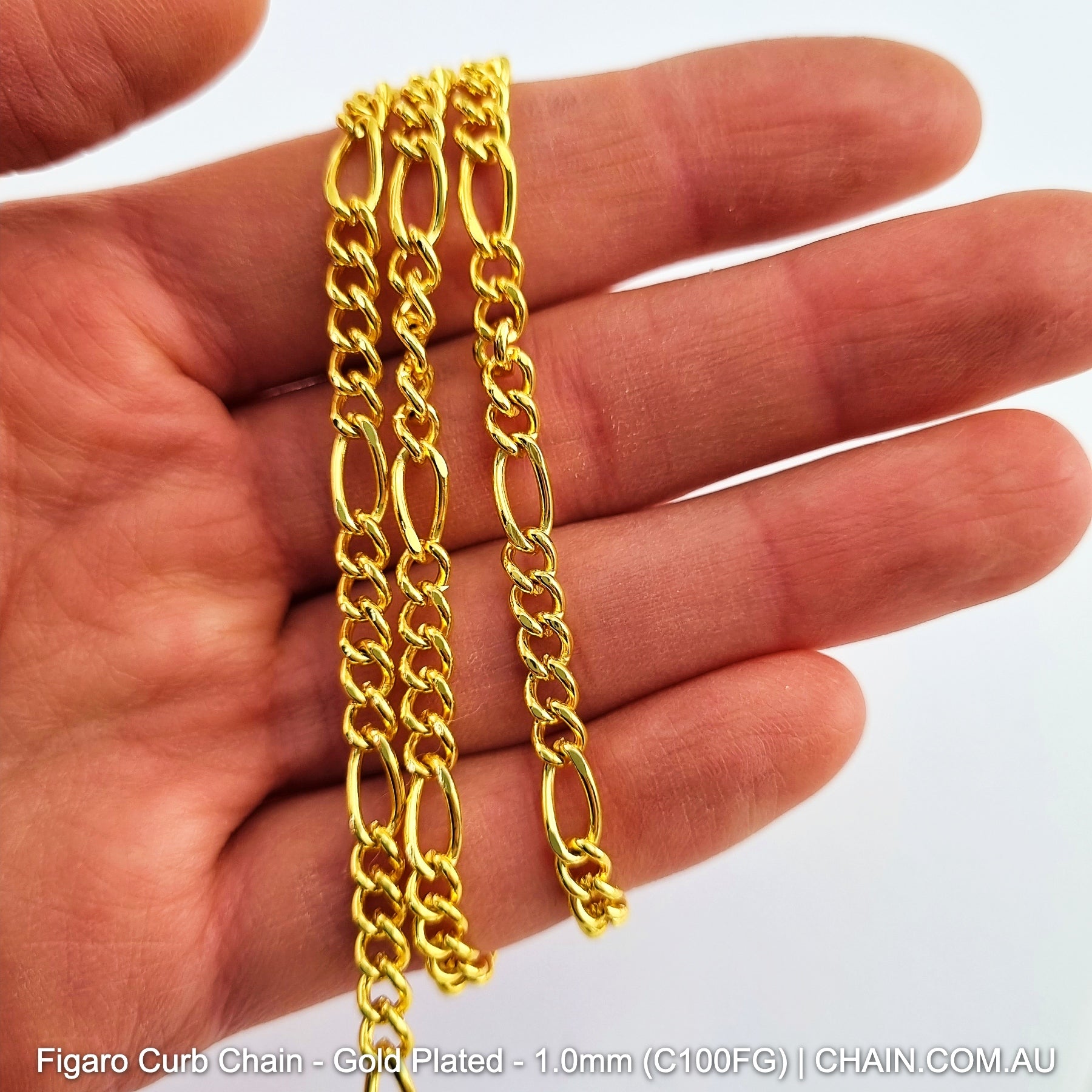 Figaro Curb Chain Gold Plated. Size: 1.0mm, C100FG. 25m Reel. Shop Jewellery Chain online. Australia wide shipping. Chain.com.au