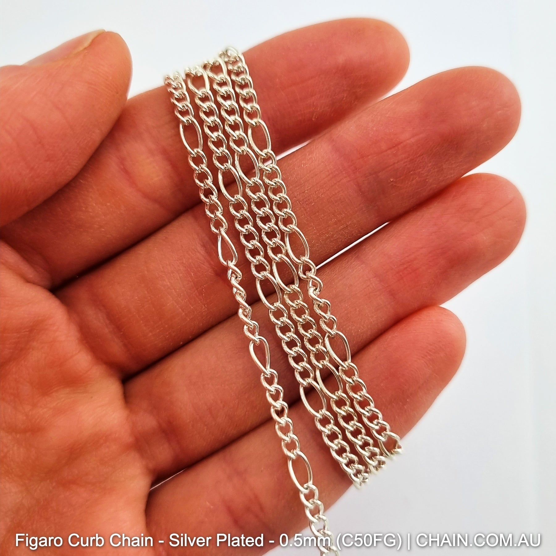 Figaro Curb Chain Silver Plated. Size: 0.5mm, C50FG. 25m Reel. Shop Jewellery Chain online. Australia wide shipping. Chain.com.au
