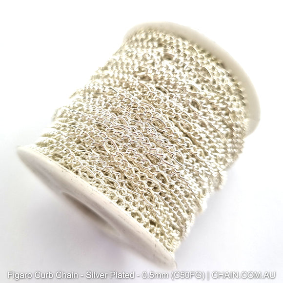 Figaro Curb Chain Silver Plated. Size: 0.5mm, C50FG. 25m Reel. Shop Jewellery Chain online. Australia wide shipping. Chain.com.au
