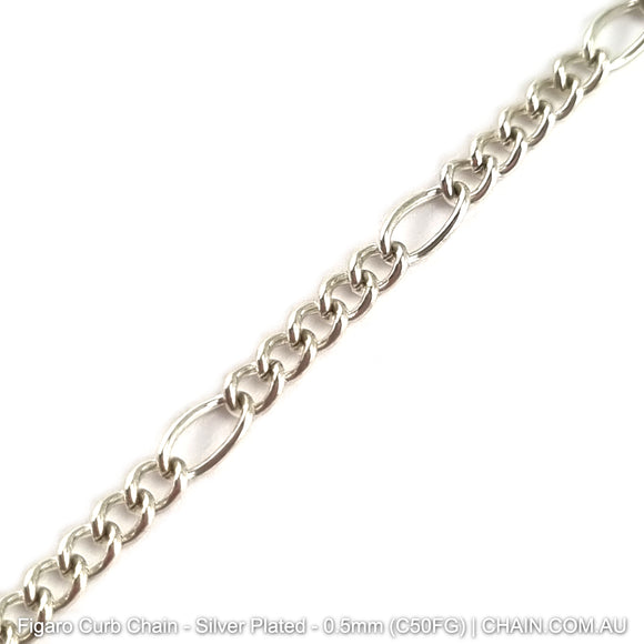 Figaro Curb Chain Silver Plated. Size: 0.5mm, C50FG. 25m Reel. Shop Jewellery Chain online. Australia wide shipping. Chain.com.au