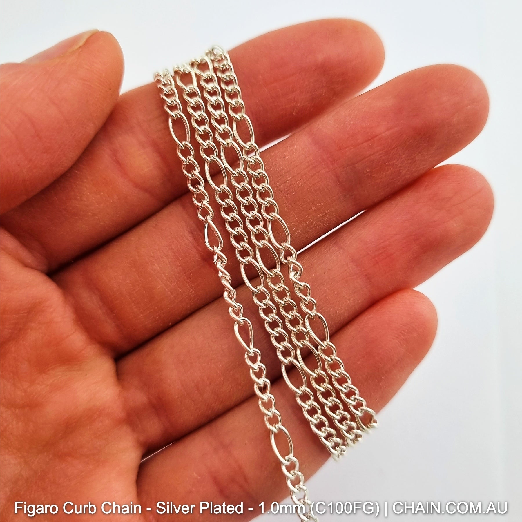 Figaro Curb Chain Silver Plated. Size: 1.0mm, C100FG. 25m Reel. Shop Jewellery Chain online. Australia wide shipping. Chain.com.au
