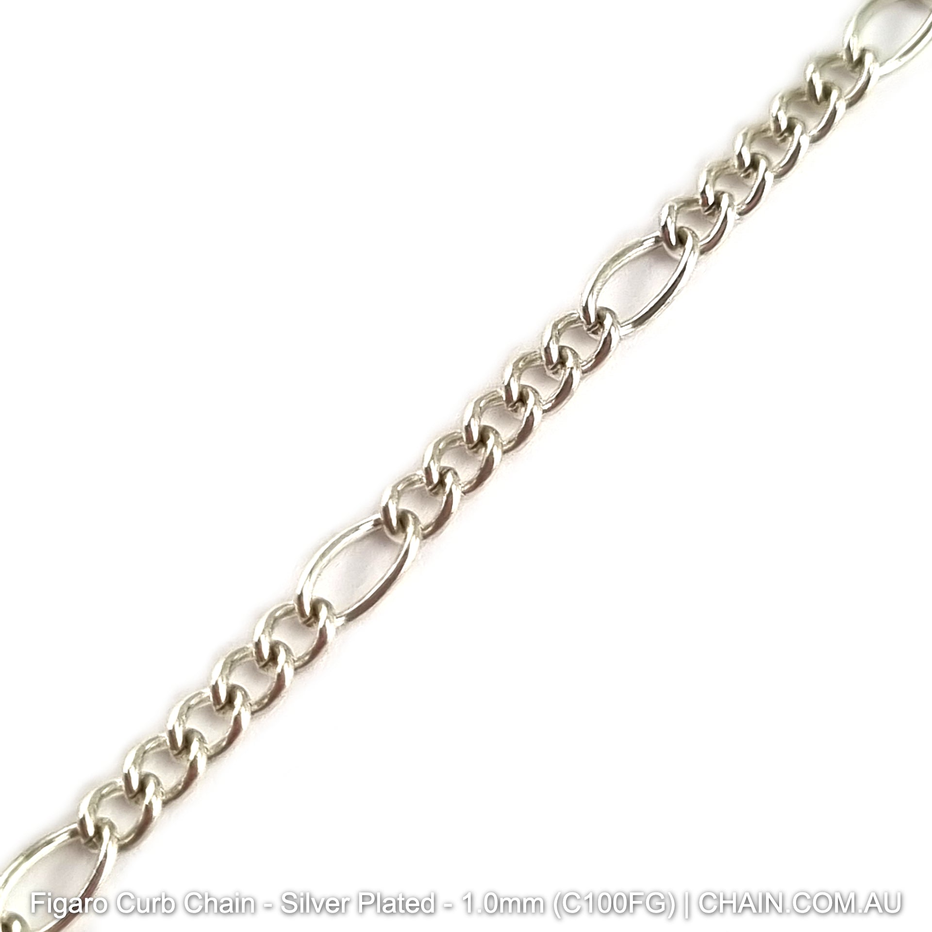 Figaro Curb Chain Silver Plated. Size: 1.0mm, C100FG. 25m Reel. Shop Jewellery Chain online. Australia wide shipping. Chain.com.au