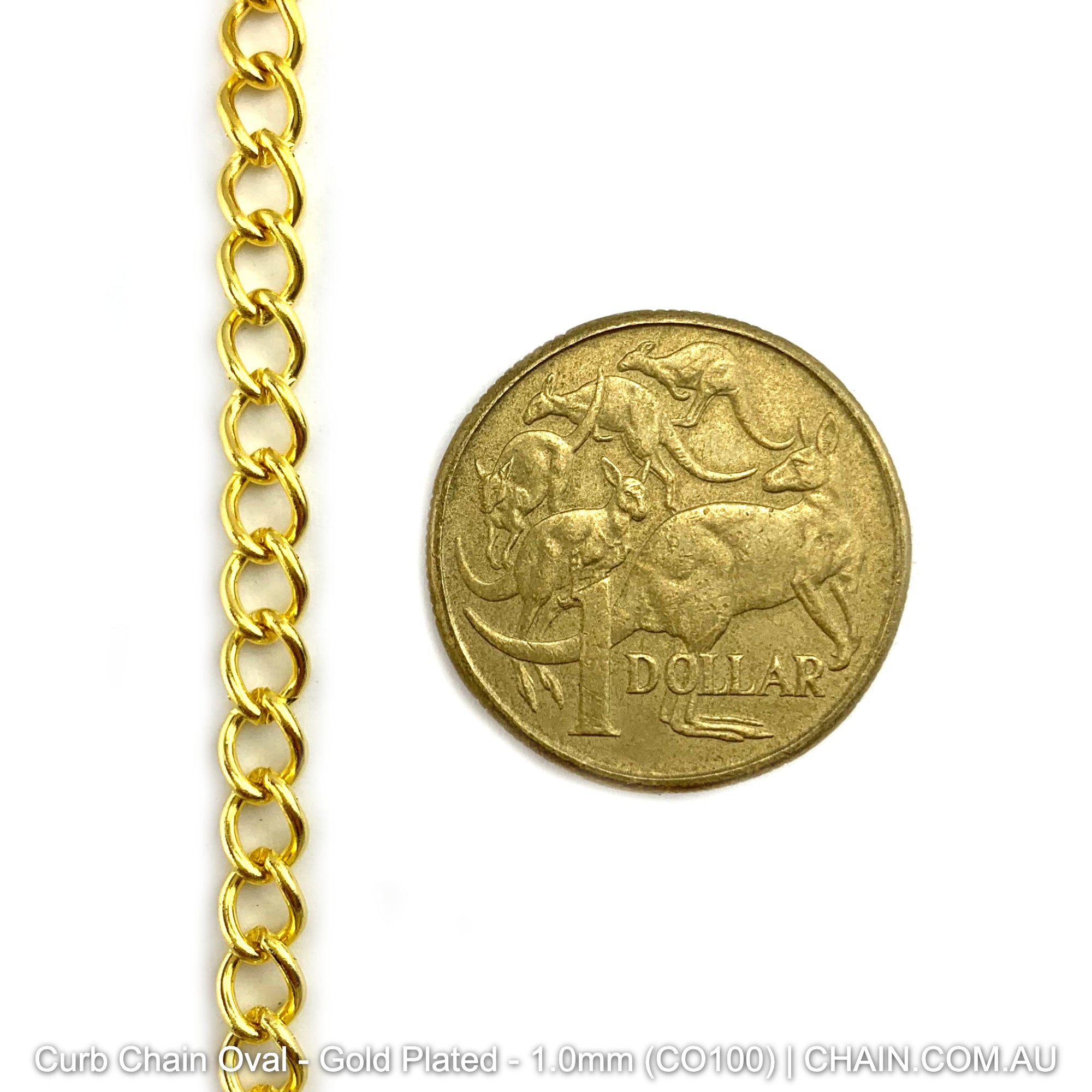 Oval Curb Chain in a Gold Plated Finish. Size: 1.0mm, CO100. Jewellery Chain, Australia wide shipping. Shop chain.com.au