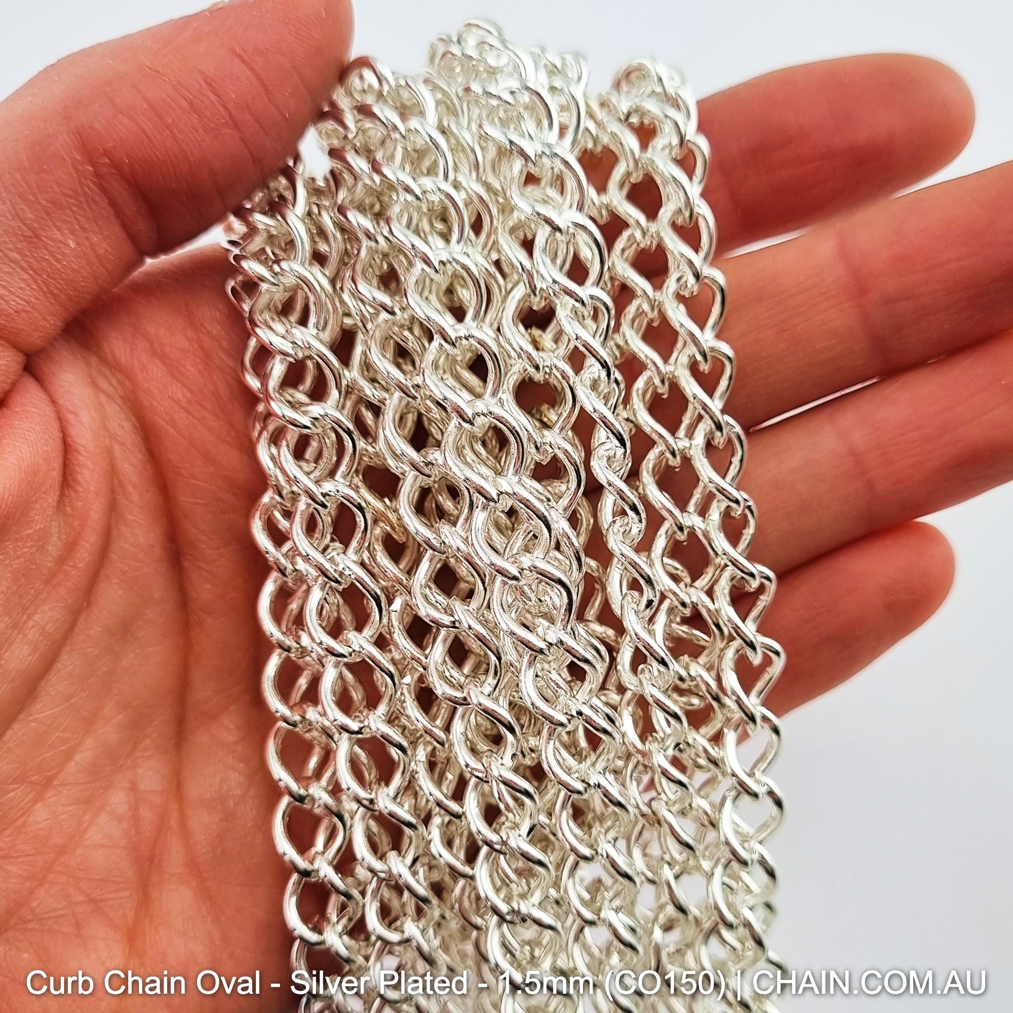 Curb Chain Oval - Silver Plated - Size: 1.5mm (CO150). Jewellery chain Australia. Shop chain online chain.com.au