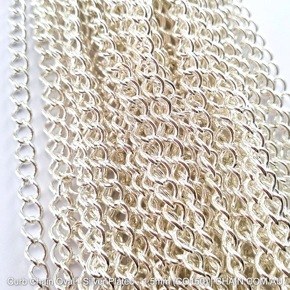 Curb Chain Oval - Silver Plated - Size: 1.5mm (CO150). Jewellery chain Australia. Shop chain online chain.com.au