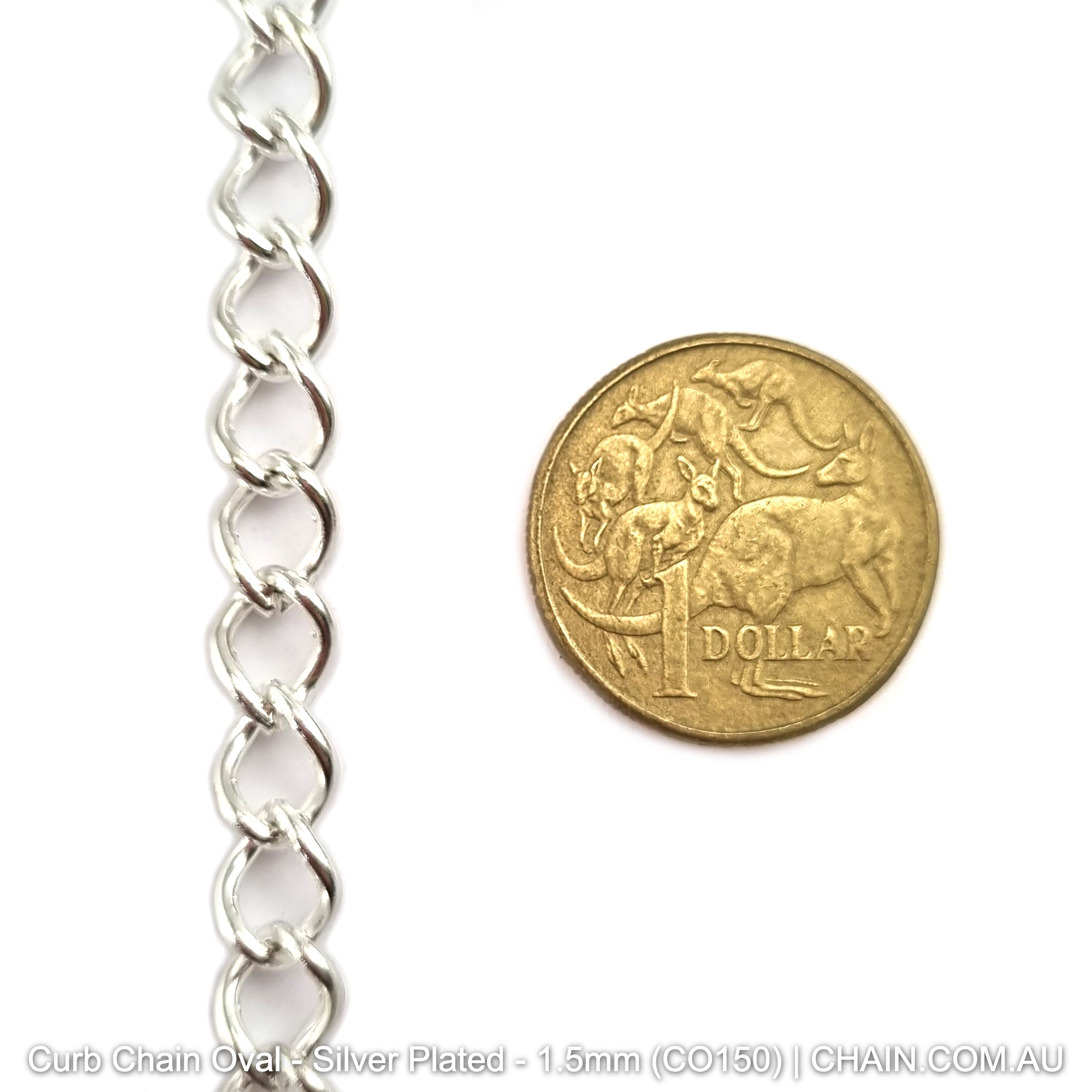 Curb Chain Oval - Silver Plated - Size: 1.5mm (CO150). Jewellery chain Australia. Shop chain online chain.com.au