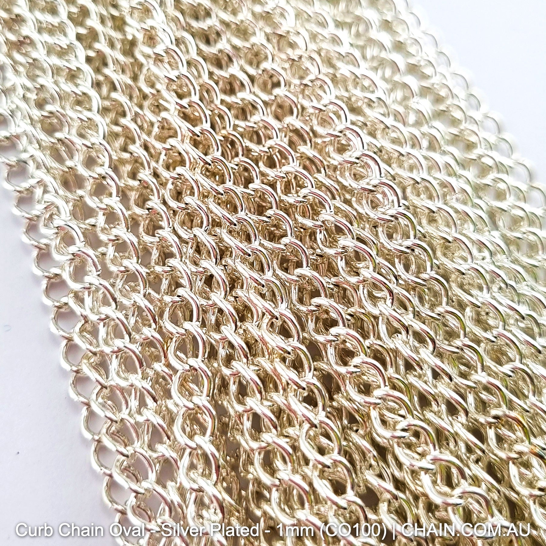 Oval Curb Chain - Silver Plated - Size: 1.0mm (CO100). Jewellery chain Australia. Shop chain online chain.com.au