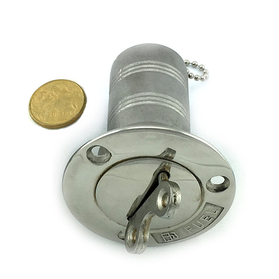 Stainless steel deck fuel nozzle, size 38mm in type 316 marine grade stainless steel. Melbourne Australia