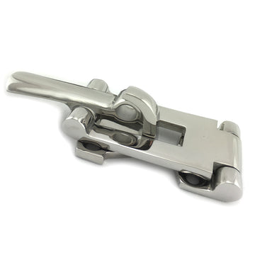 Eccentric latch hinge in type 316 marine grade stainless steel with a high polished finish. Melbourne Australia.