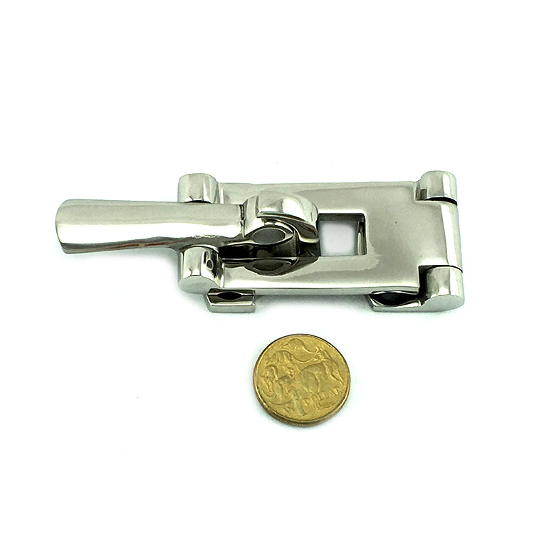 Eccentric latch hinge in type 316 marine grade stainless steel with a high polished finish. Melbourne Australia.