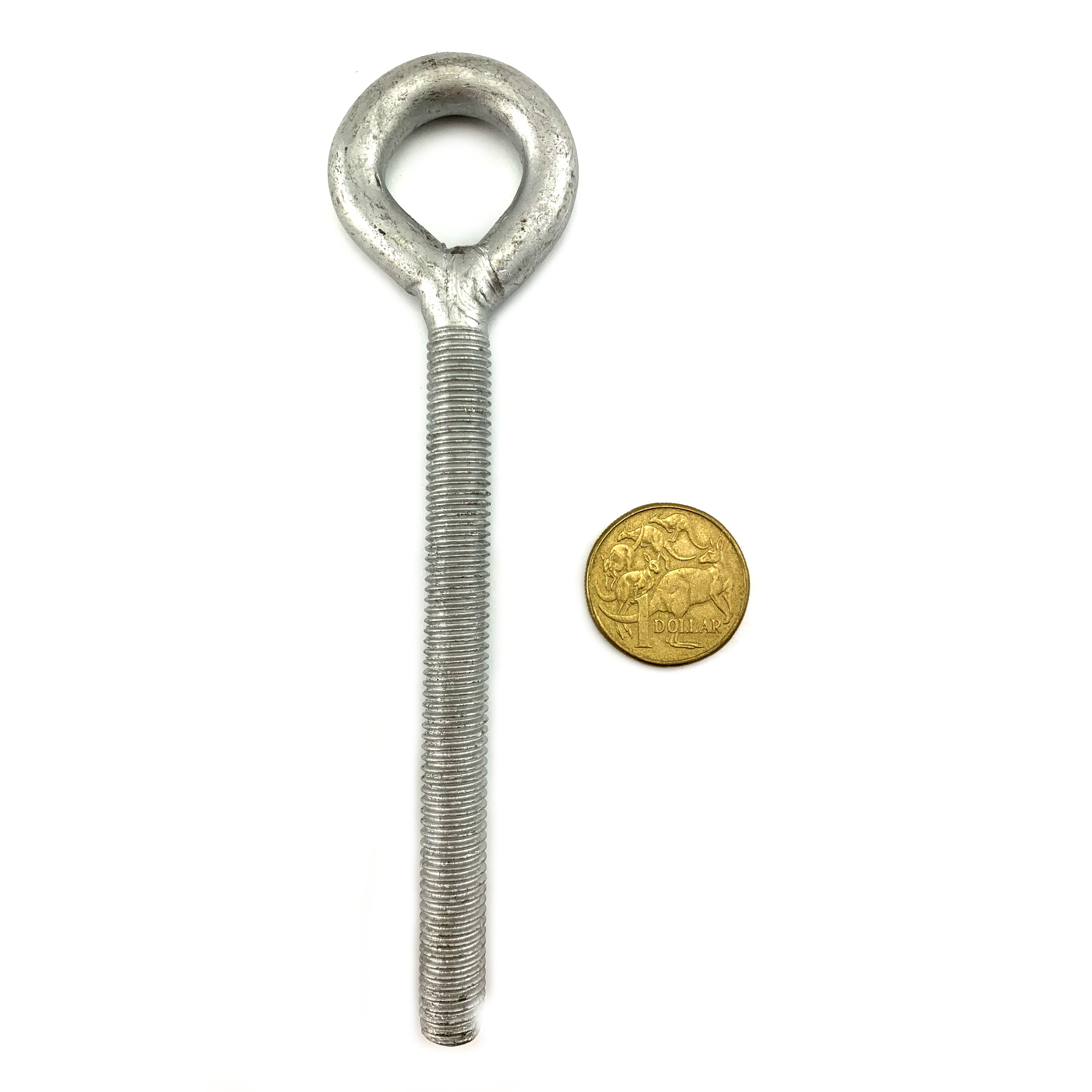 Galvanised eye bolt, size 10mm with a 100mm thread.