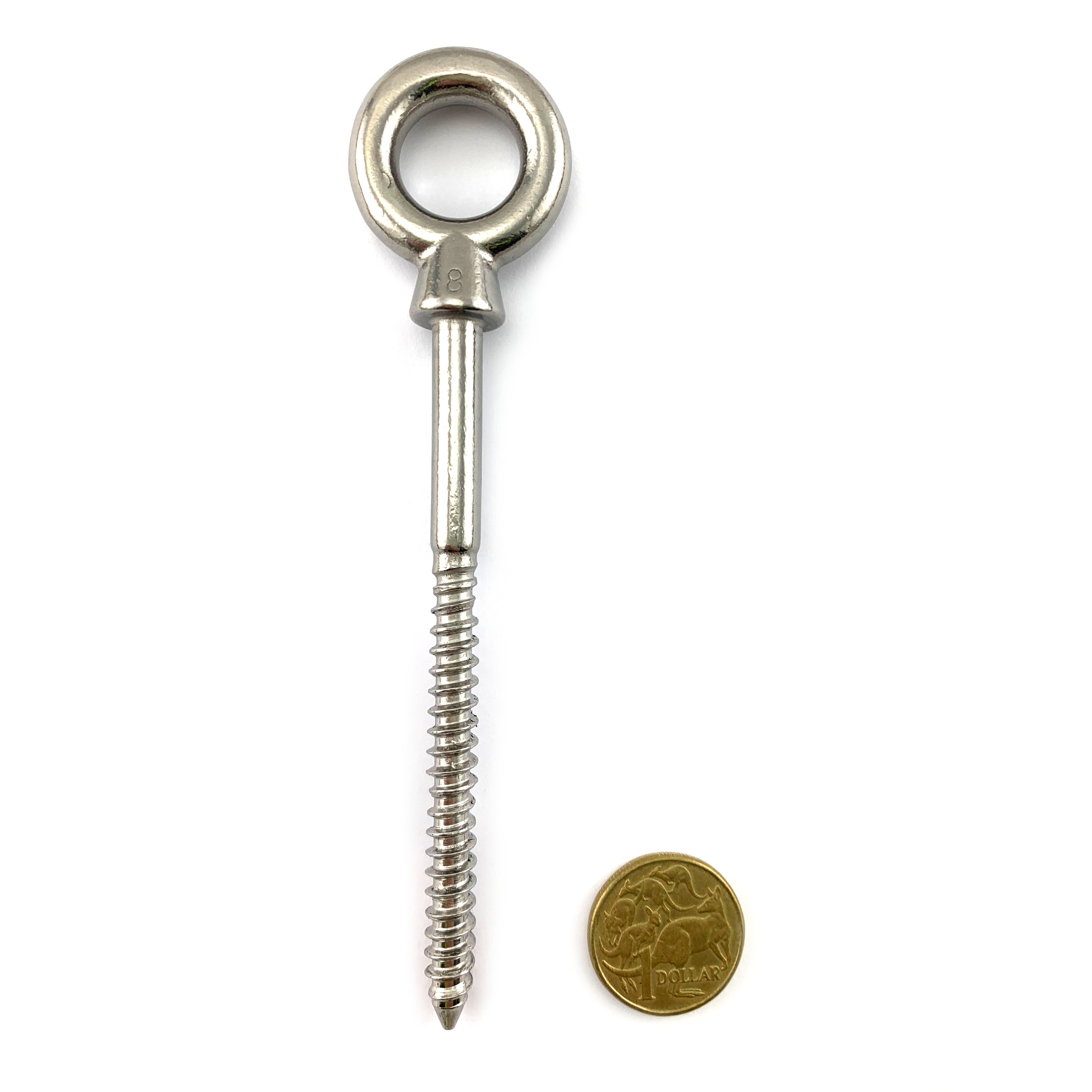 vStainless steel eye bolt, size 8mm with a 70mm timber thread. Australia.