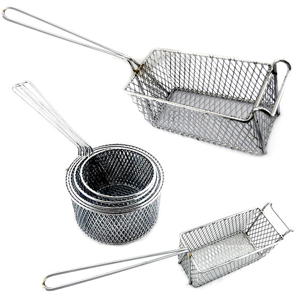 Deep frying basket range, rectangle and round shapes in chrome finish. Melbourne Australia.