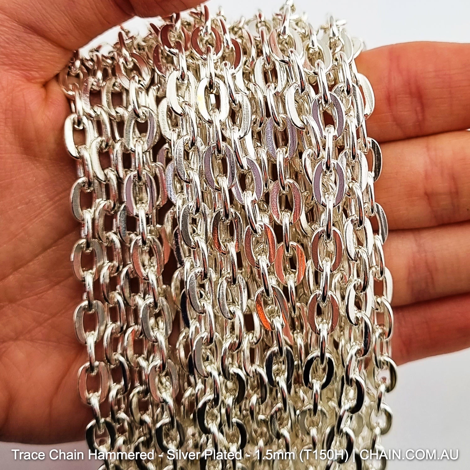 Hammered Trace Chain in a Silver Plated Finish. Size: 1.5mm, T150H. Jewellery Chain, Australia wide shipping. Shop chain.com.au