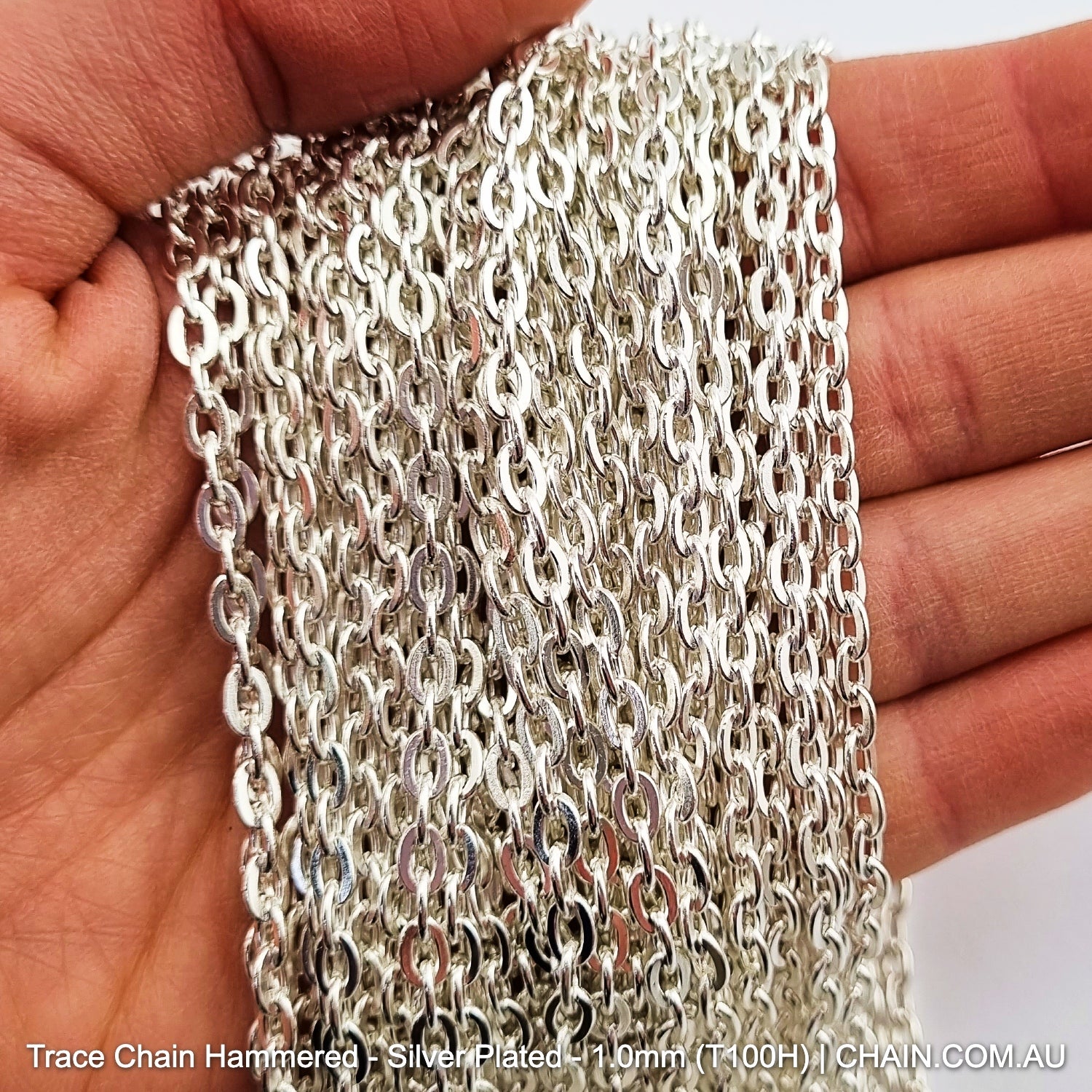 Hammered Trace Chain in a Silver Plated Finish. Size: 1.0mm, T100H. Jewellery Chain, Australia wide shipping. Shop chain.com.au