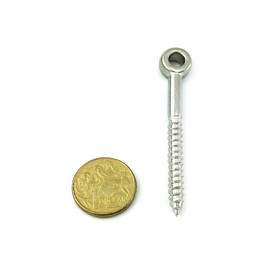 Stainless steel eye terminal with timber thread, size 6mm. Also known as lag eye screw. Melbourne Australia