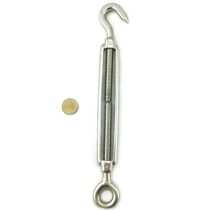 Open Body Turnbuckle - Stainless Steel - Hook and Eye Size 12mm. Melbourne Australia 