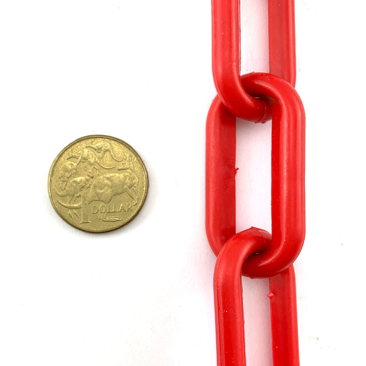 Red plastic chain UV stabilised, size 8mm, on a 30-metre reel. Melbourne, Australia.