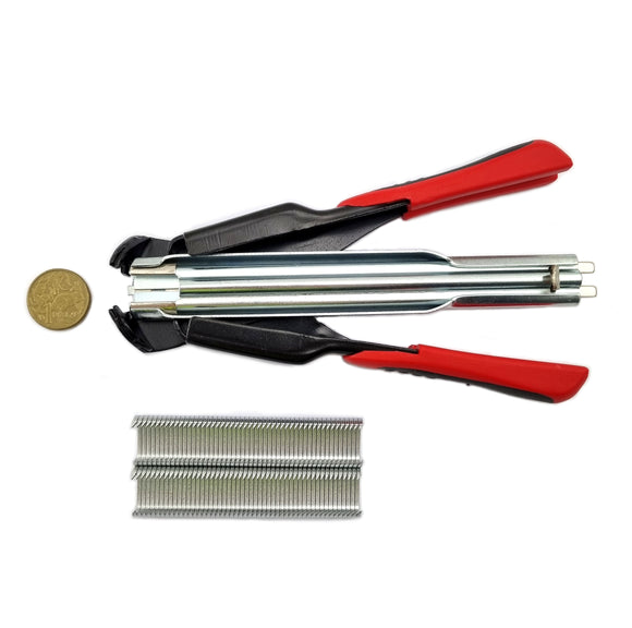 Ring Fastener Gun + 100 Ring Fasteners. Also known as Ring Gun or Hog Ring Gun. Australia wide shipping chain.com.au