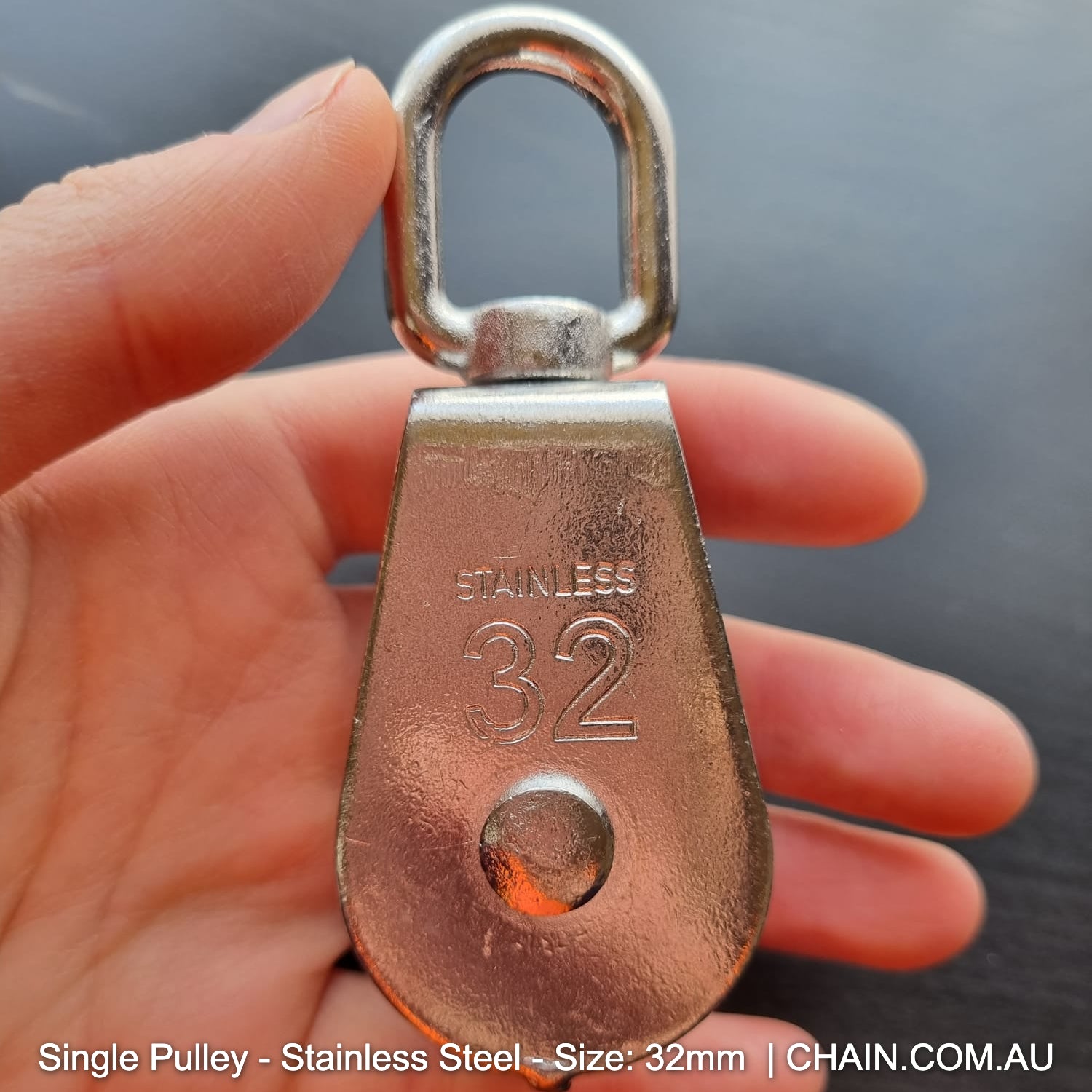 Single Pully 32mm made of marine grade type 316 stainless steel. Melbourne Australia.