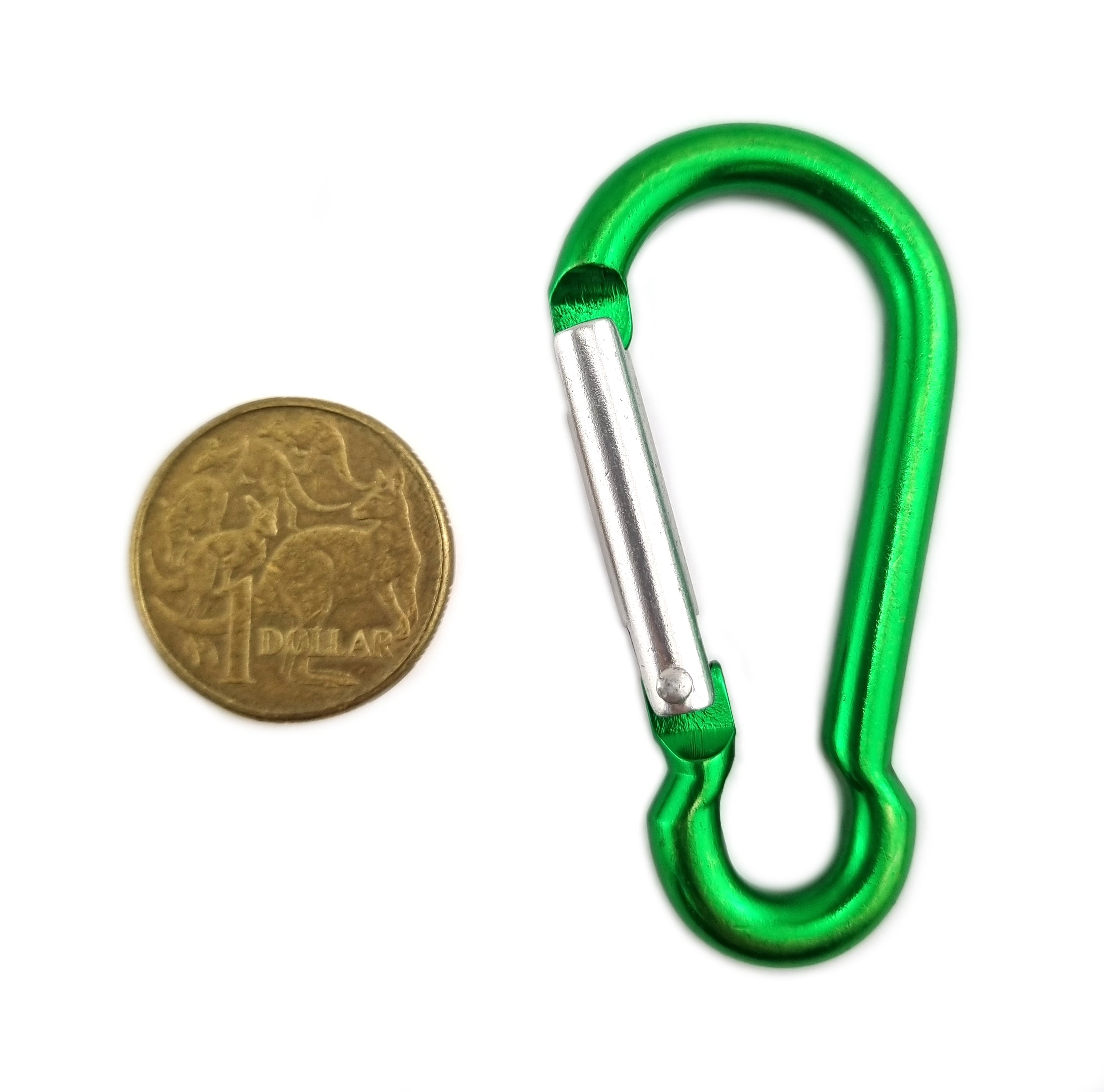 Aluminium snap hook carabiner in green, size 6mm, untested. Shop hardware online chain.com.au