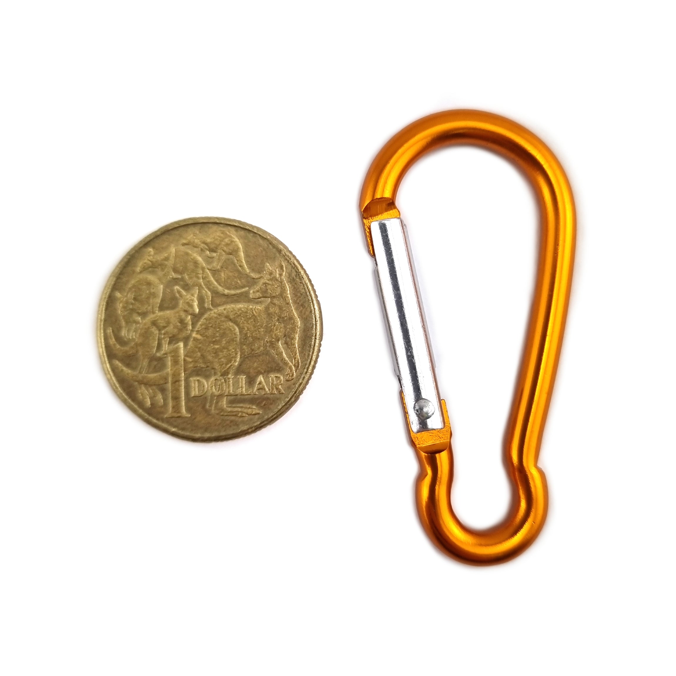 Aluminium snap hook carabiner in orange, size 4mm, untested. Shop hardware online at chain.com.au