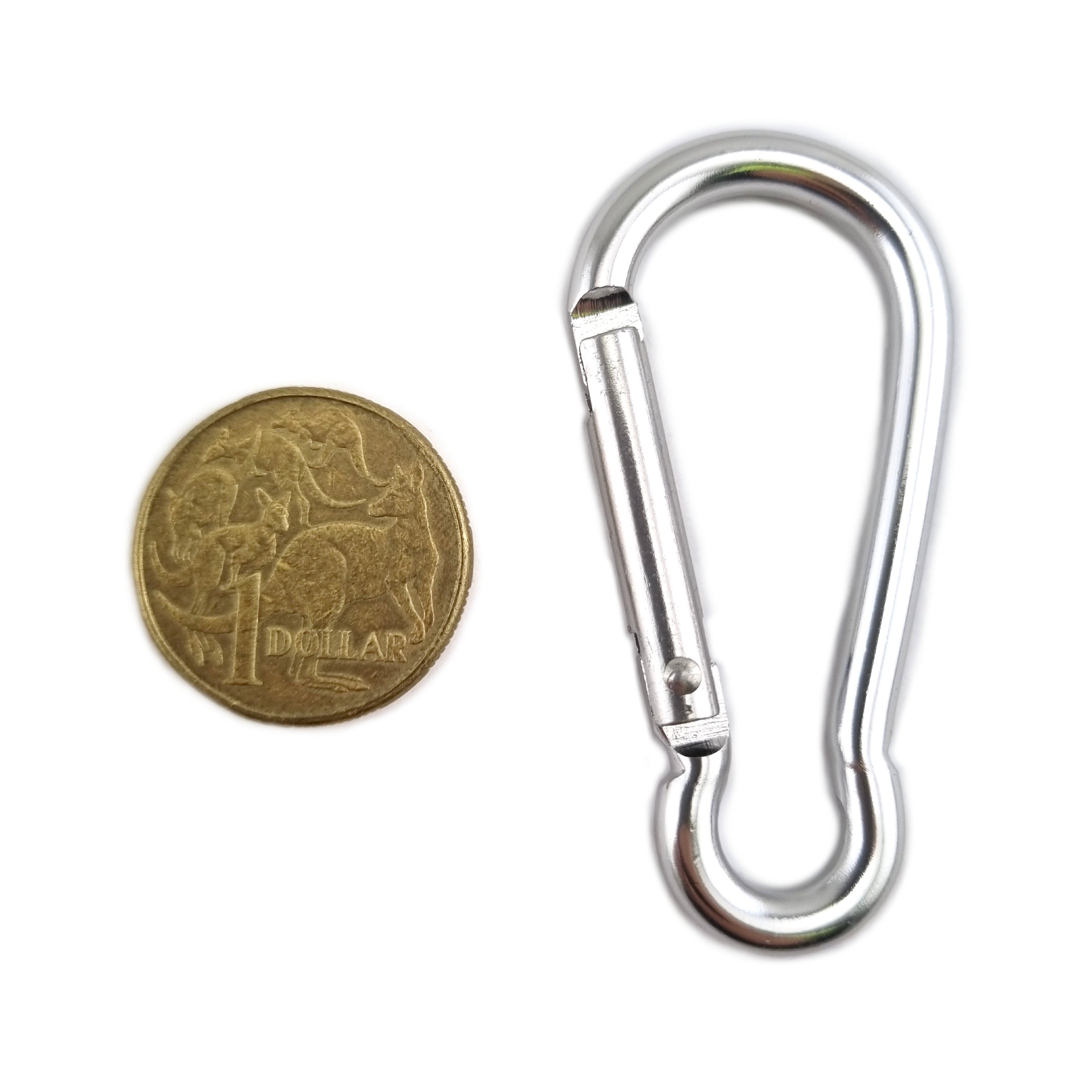 Aluminium snap hook Carabiner in silver, size 5mm, untested. Shop hardware online at chain.com.au