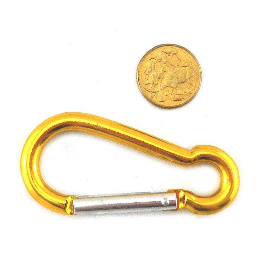 Aluminium snap hook in gold, size 8mm, untested. Melbourne, Australia.