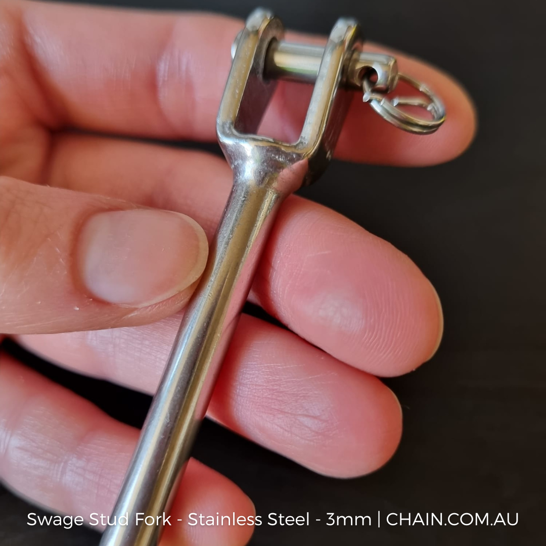 Swage stud fork, size 3mm in type 316 marine grade stainless steel finish. Melbourne, Australia. Shop hardware online chain.com.au