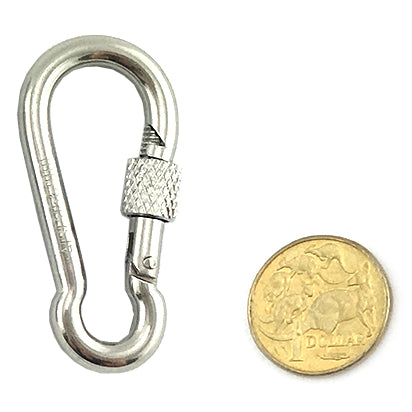 Stainless steel snap hook with locking screw gate, size 6mm. Melbourne, Australia.
