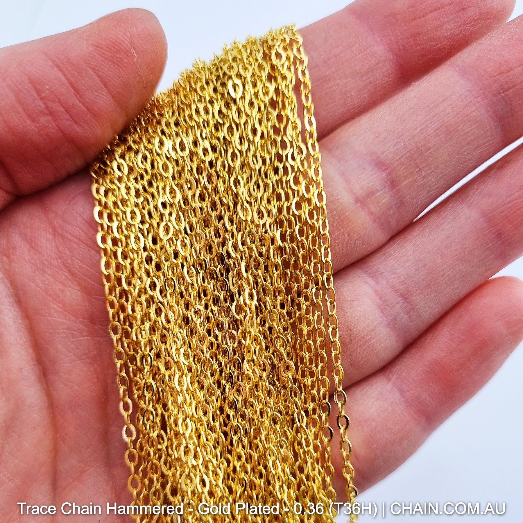 Hammered Trace Chain in a Gold Plated Finish. Size: 0.36mm, T36H. Jewellery Chain, Australia wide shipping. Shop chain.com.au