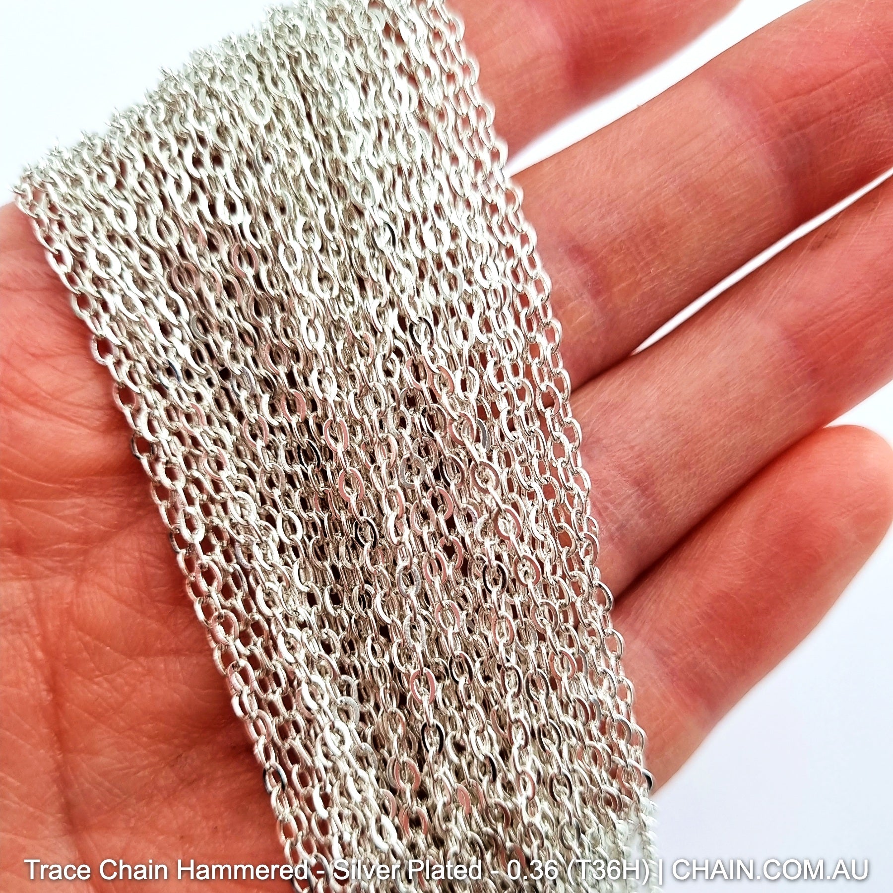 Hammered Trace Chain in a Silver Plated Finish. Size: 0.36mm, T36H. Jewellery Chain, Australia wide shipping. Shop chain.com.au