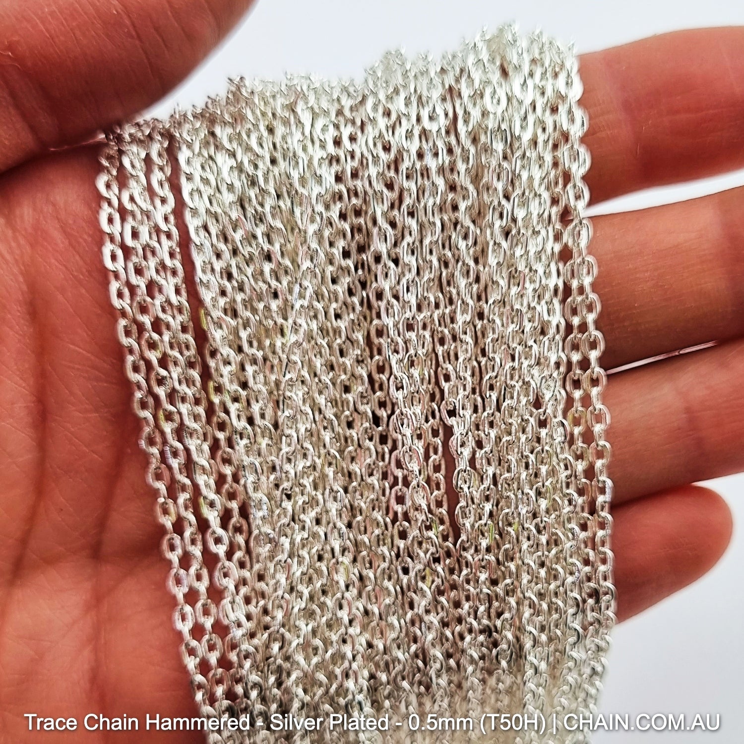Hammered Trace Chain in a Silver Plated Finish. Size: 0.5mm, T50H. Jewellery Chain, Australia wide shipping. Shop chain.com.au