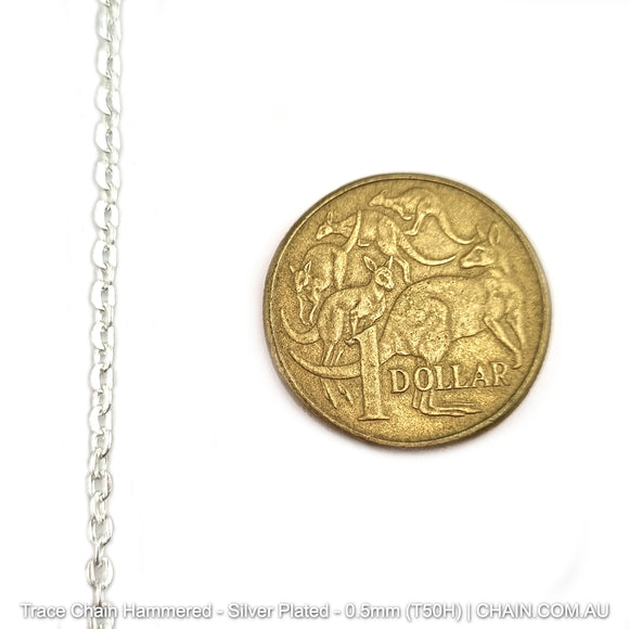 Hammered Trace Chain in a Silver Plated Finish. Size: 0.5mm, T50H. Jewellery Chain, Australia wide shipping. Shop chain.com.au