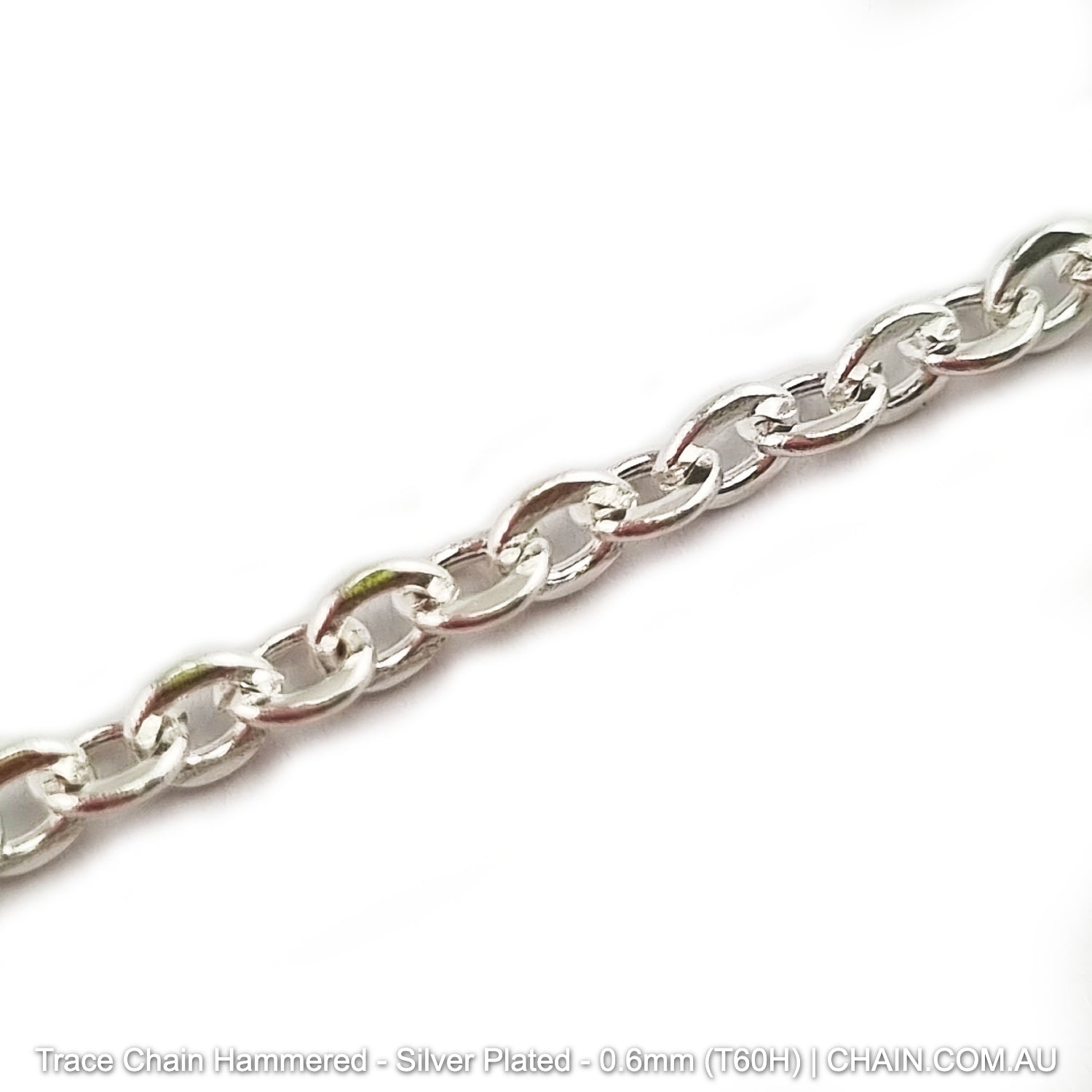 Hammered Trace Chain in a Silver Plated Finish. Size: 0.6mm, T60H. Jewellery Chain, Australia wide shipping. Shop chain.com.au