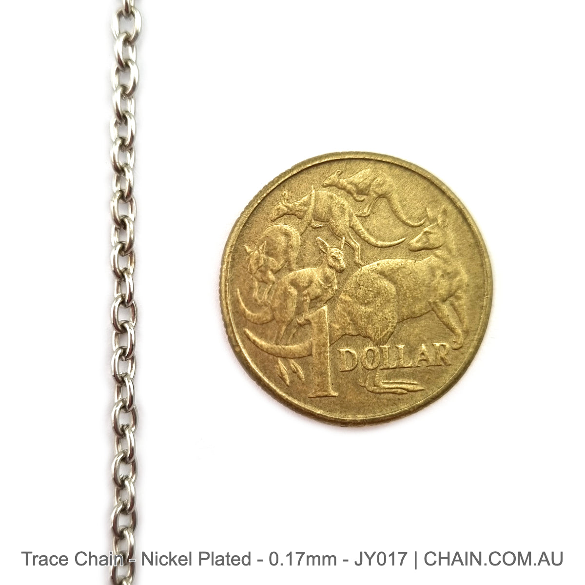 Nickel-plated trace jewellery chain, size 0.17mm, quantity 25m. Australia wide shipping. Shop online chain.com.au