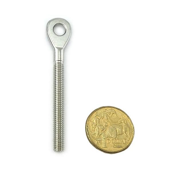 Stainless steel welded mini eye bolt, size 6mm with a thread length of 48mm. Australia.