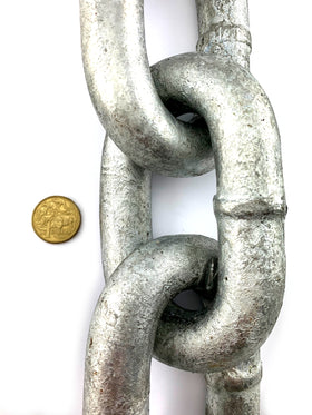 Welded Link Chain Galvanised, size: 25mm in 25kg bucket. Australia.