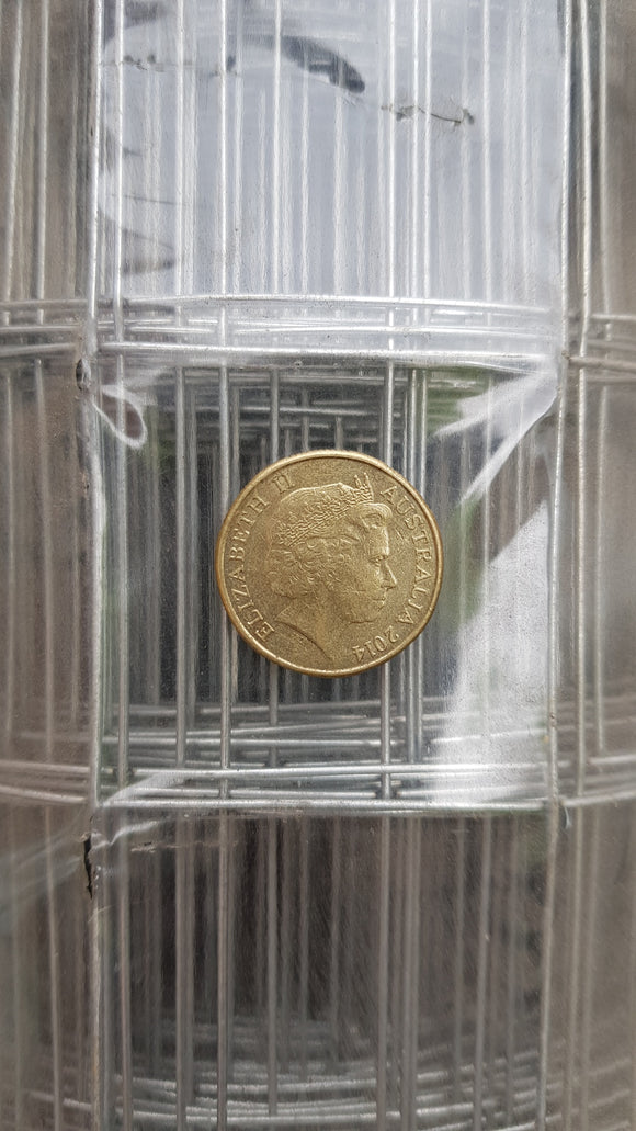 Galvanised welded wire mesh with 50mm square opening,1.25mm wire, 900mm high. Roll length 30 metres. Melbourne, Australia.