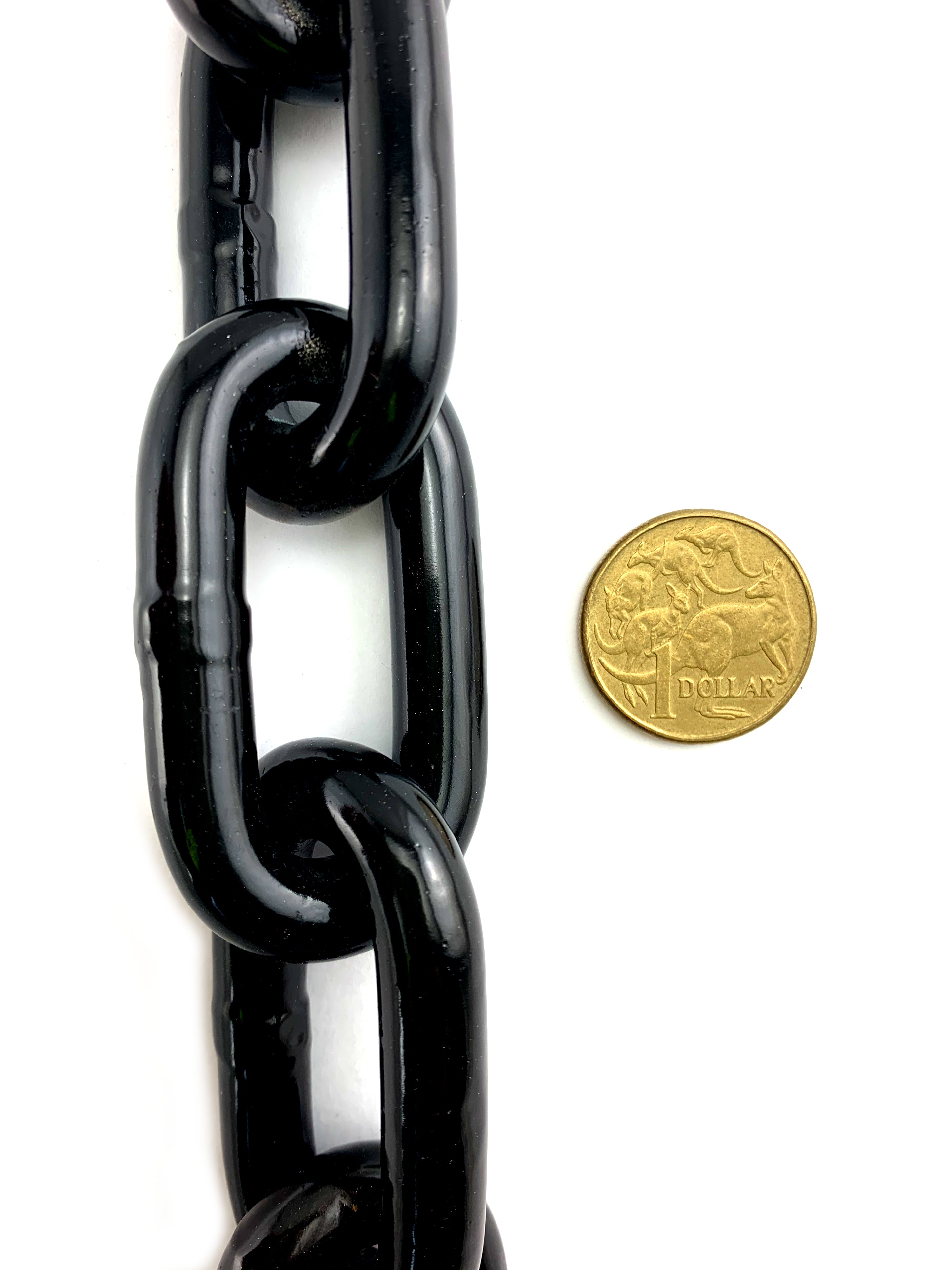 Black powder-coated steel chain, size 10mm. Chain by the metre. Australia.