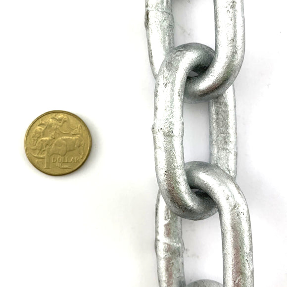 10mm galvanised welded link chain, qty 25kg bucket, approx 13.25 metres. Melbourne, Australia.